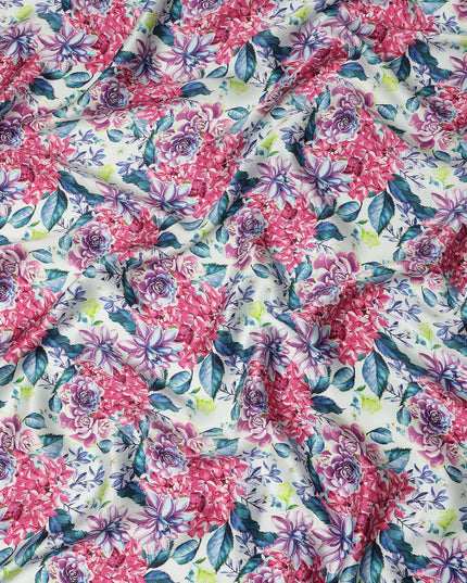 White Pink Floral Printed Premium Pure Silk Satin Fabric Purple And Blue Blossom Botanical Design Luxury Soft Dress Material 110 Cms Width India-D28028 - Regal Fabrics
