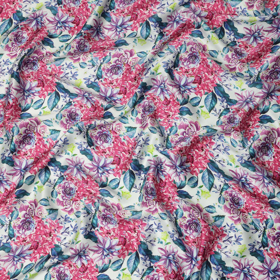 White Pink Floral Printed Premium Pure Silk Satin Fabric Purple And Blue Blossom Botanical Design Luxury Soft Dress Material 110 Cms Width India-D28028 - Regal Fabrics