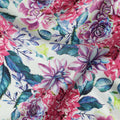 White Pink Floral Printed Premium Pure Silk Satin Fabric Purple And Blue Blossom Botanical Design Luxury Soft Dress Material 110 Cms Width India-D28028 - Regal Fabrics