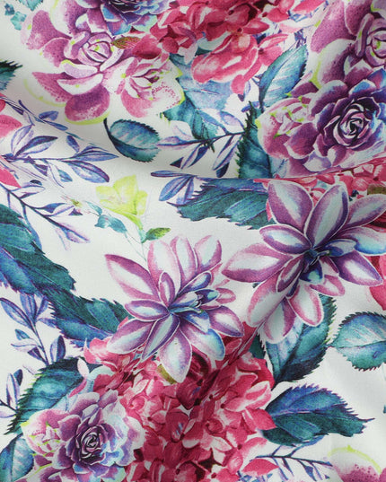 White Pink Floral Printed Premium Pure Silk Satin Fabric Purple And Blue Blossom Botanical Design Luxury Soft Dress Material 110 Cms Width India-D28028 - Regal Fabrics