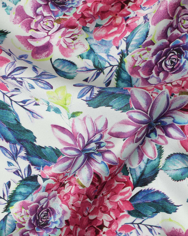 White Pink Floral Printed Premium Pure Silk Satin Fabric Purple And Blue Blossom Botanical Design Luxury Soft Dress Material 110 Cms Width India-D28028