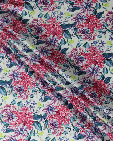 White Pink Floral Printed Premium Pure Silk Satin Fabric Purple And Blue Blossom Botanical Design Luxury Soft Dress Material 110 Cms Width India-D28028 - Regal Fabrics