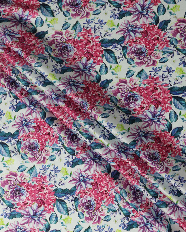 White Pink Floral Printed Premium Pure Silk Satin Fabric Purple And Blue Blossom Botanical Design Luxury Soft Dress Material 110 Cms Width India-D28028