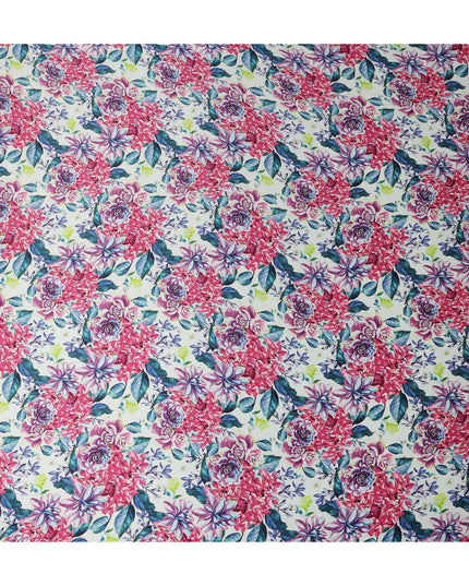 White Pink Floral Printed Premium Pure Silk Satin Fabric Purple And Blue Blossom Botanical Design Luxury Soft Dress Material 110 Cms Width India-D28028 - Regal Fabrics