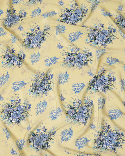 Cream Blue Floral Bouquet Printed Pure Silk Crepe Fabric Soft Draping Lightweight Dress Material 110 Cms Width India Origin-D28817 Regal Fabrics