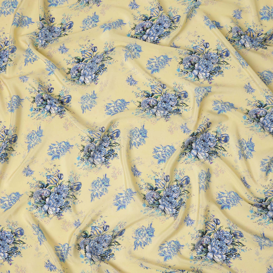 Cream Blue Floral Bouquet Printed Pure Silk Crepe Fabric Soft Draping Lightweight Dress Material 110 Cms Width India Origin-D28817 Regal Fabrics