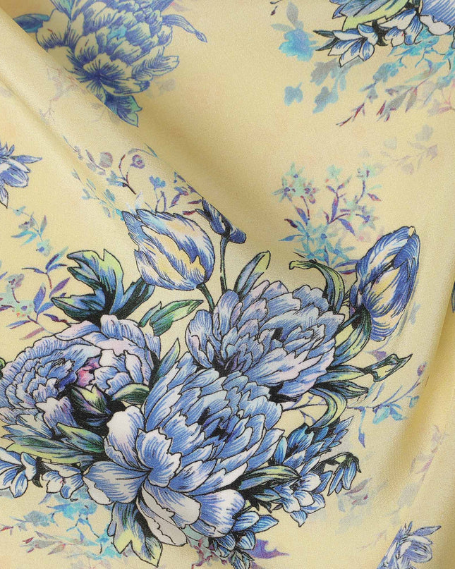 Cream Blue Floral Bouquet Printed Pure Silk Crepe Fabric Soft Draping Lightweight Dress Material 110 Cms Width India Origin-D28817 Regal Fabrics