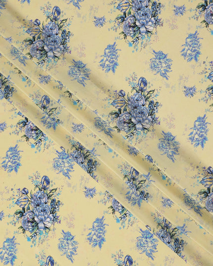 Cream Blue Floral Bouquet Printed Pure Silk Crepe Fabric Soft Draping Lightweight Dress Material 110 Cms Width India Origin-D28817 Regal Fabrics
