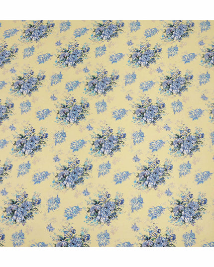 Cream Blue Floral Bouquet Printed Pure Silk Crepe Fabric Soft Draping Lightweight Dress Material 110 Cms Width India Origin-D28817 Regal Fabrics