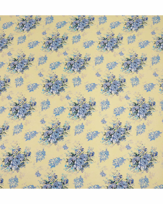 Cream Blue Floral Bouquet Printed Pure Silk Crepe Fabric Soft Draping Lightweight Dress Material 110 Cms Width India Origin-D28817 Regal Fabrics
