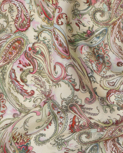 Cream Multicolor Paisley Floral Printed Pure Silk Crepe Fabric Lightweight Soft Draping Dress Material 110 Cms Width India Origin-D28808 Regal Fabrics