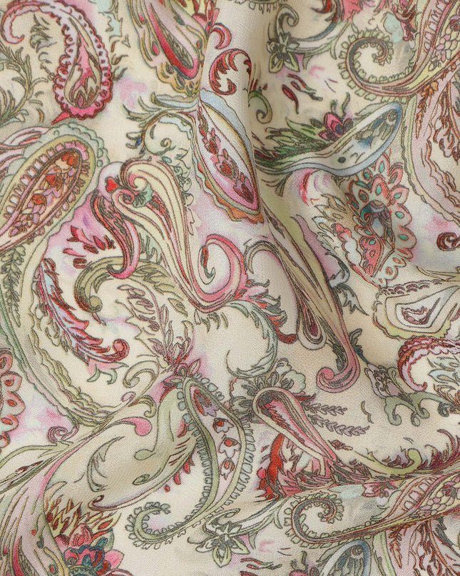 Cream Multicolor Paisley Floral Printed Pure Silk Crepe Fabric Lightweight Soft Draping Dress Material 110 Cms Width India Origin-D28808 Regal Fabrics