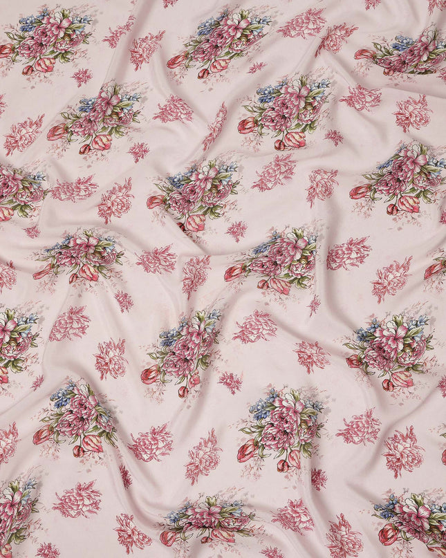 Blush Pink Multicolor Floral Bouquet Printed Pure Silk Crepe Fabric Soft Draping Lightweight Dress Material 110 Cms Width India Origin-D28819 Regal Fabrics