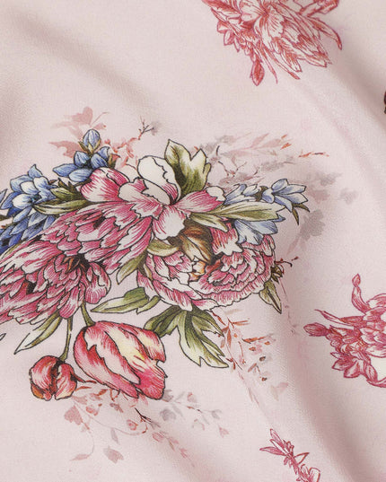 Blush Pink Multicolor Floral Bouquet Printed Pure Silk Crepe Fabric Soft Draping Lightweight Dress Material 110 Cms Width India Origin-D28819 Regal Fabrics