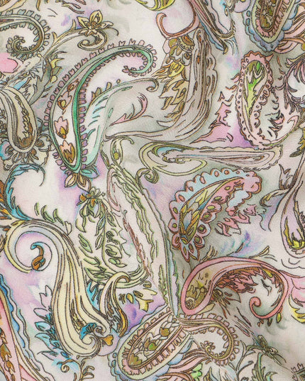 Ivory Multicolor Paisley Floral Printed Pure Silk Crepe Fabric Lightweight Soft Draping Dress Material 110 Cms Width India Origin-D28807 Regal Fabrics