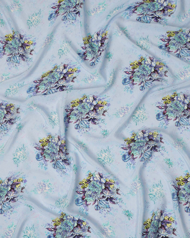 Sky Blue Multicolor Floral Bouquet Printed Pure Silk Crepe Fabric Soft Draping Lightweight Dress Material 110 Cms Width India Origin-D28818 Regal Fabrics