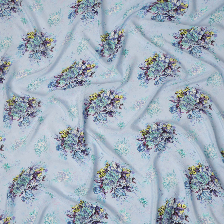 Sky Blue Multicolor Floral Bouquet Printed Pure Silk Crepe Fabric Soft Draping Lightweight Dress Material 110 Cms Width India Origin-D28818 Regal Fabrics