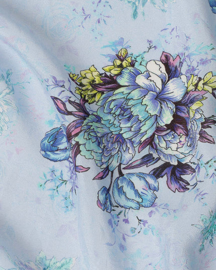 Sky Blue Multicolor Floral Bouquet Printed Pure Silk Crepe Fabric Soft Draping Lightweight Dress Material 110 Cms Width India Origin-D28818 Regal Fabrics