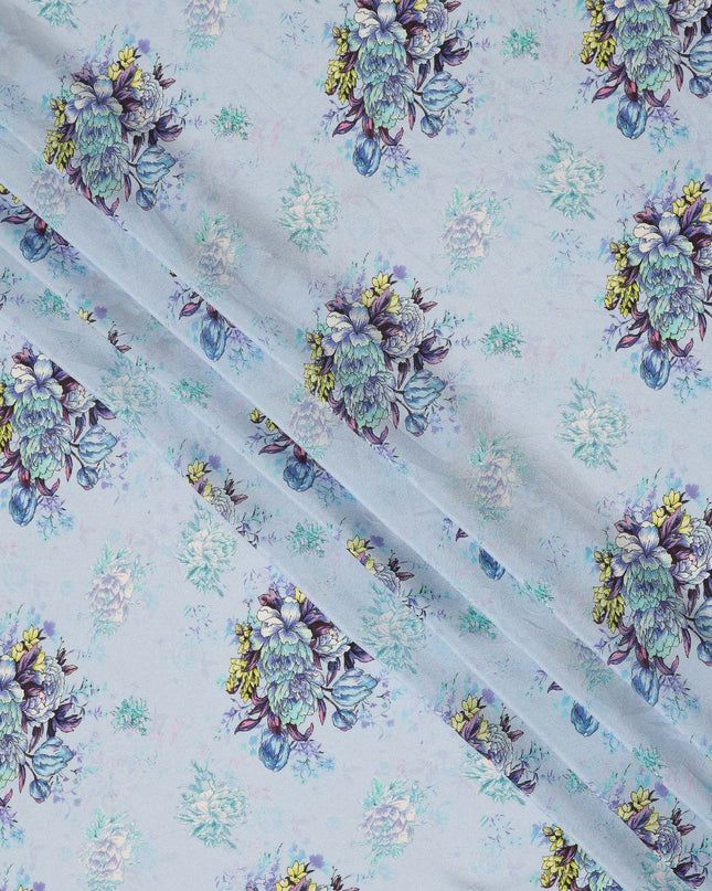 Sky Blue Multicolor Floral Bouquet Printed Pure Silk Crepe Fabric Soft Draping Lightweight Dress Material 110 Cms Width India Origin-D28818 Regal Fabrics