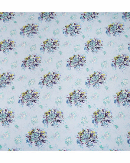 Sky Blue Multicolor Floral Bouquet Printed Pure Silk Crepe Fabric Soft Draping Lightweight Dress Material 110 Cms Width India Origin-D28818 Regal Fabrics