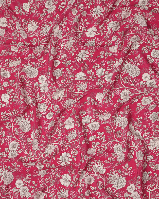 Red White Floral Botanical Printed Pure Silk Crepe Fabric Lightweight Soft Draping Dress Material 110 Cms Width India Origin-D28815 Regal Fabrics