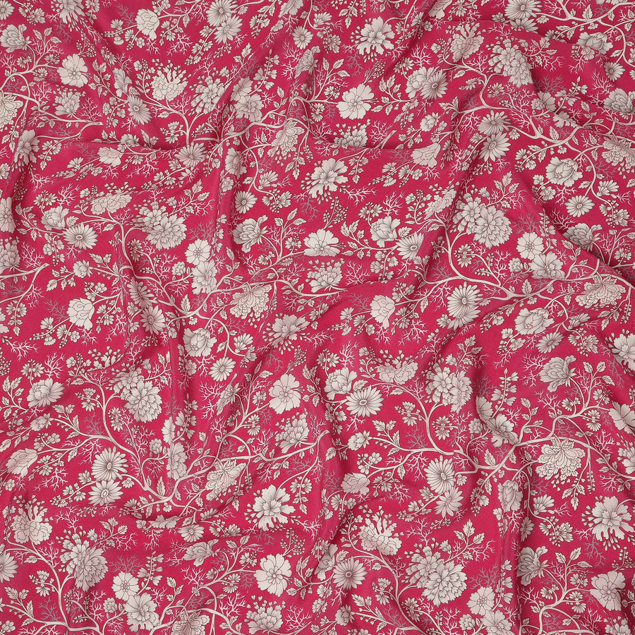 Red White Floral Botanical Printed Pure Silk Crepe Fabric Lightweight Soft Draping Dress Material 110 Cms Width India Origin-D28815 Regal Fabrics