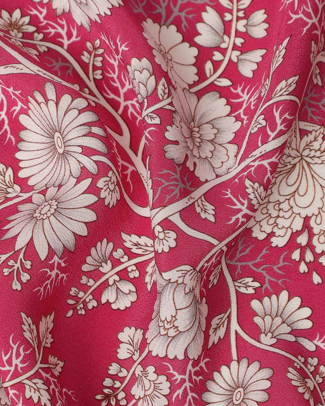 Red White Floral Botanical Printed Pure Silk Crepe Fabric Lightweight Soft Draping Dress Material 110 Cms Width India Origin-D28815 Regal Fabrics