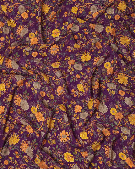 Purple Yellow Floral Garden Printed Pure Silk Crepe Fabric Lightweight Soft Draping Dress Material 110 Cms Width India Origin-D28813 Regal Fabrics
