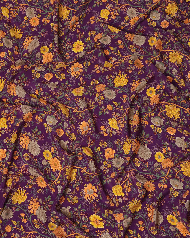 Purple Yellow Floral Garden Printed Pure Silk Crepe Fabric Lightweight Soft Draping Dress Material 110 Cms Width India Origin-D28813 Regal Fabrics