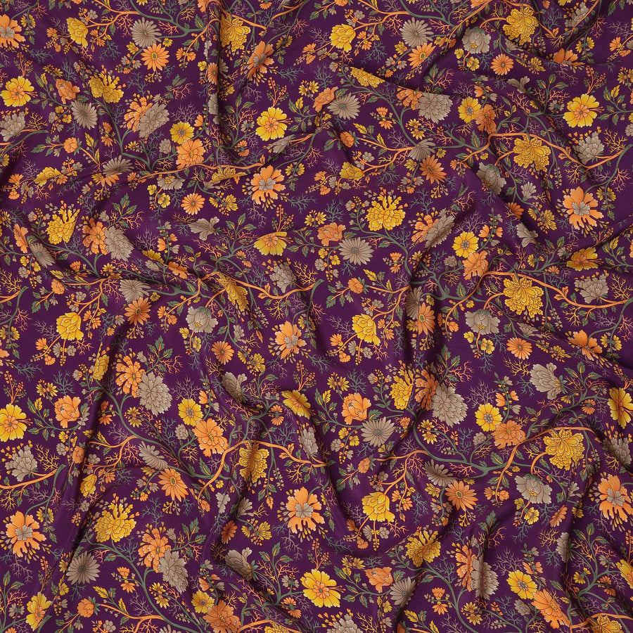 Purple Yellow Floral Garden Printed Pure Silk Crepe Fabric Lightweight Soft Draping Dress Material 110 Cms Width India Origin-D28813 Regal Fabrics