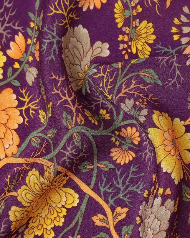 Purple Yellow Floral Garden Printed Pure Silk Crepe Fabric Lightweight Soft Draping Dress Material 110 Cms Width India Origin-D28813 Regal Fabrics