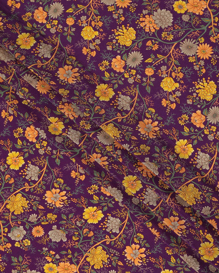 Purple Yellow Floral Garden Printed Pure Silk Crepe Fabric Lightweight Soft Draping Dress Material 110 Cms Width India Origin-D28813 Regal Fabrics