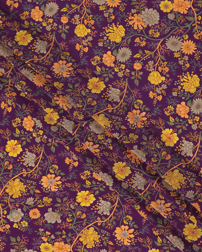 Purple Yellow Floral Garden Printed Pure Silk Crepe Fabric Lightweight Soft Draping Dress Material 110 Cms Width India Origin-D28813 Regal Fabrics