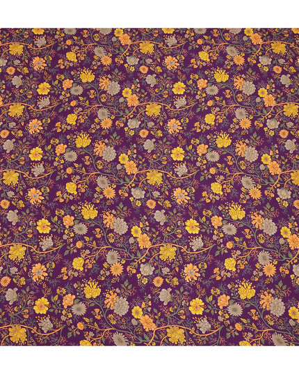Purple Yellow Floral Garden Printed Pure Silk Crepe Fabric Lightweight Soft Draping Dress Material 110 Cms Width India Origin-D28813 Regal Fabrics