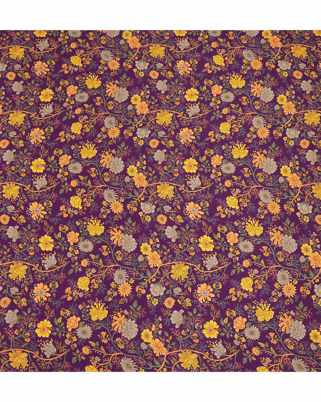 Purple Yellow Floral Garden Printed Pure Silk Crepe Fabric Lightweight Soft Draping Dress Material 110 Cms Width India Origin-D28813 Regal Fabrics