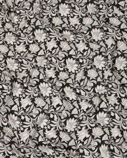 Black White Floral Vine Printed Pure Silk Crepe Fabric Lightweight Soft Draping Dress Material 110 Cms Width India Origin-D28798 Regal Fabrics