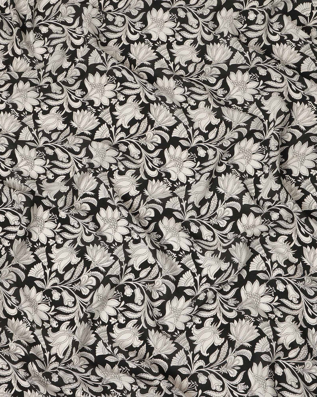 Black White Floral Vine Printed Pure Silk Crepe Fabric Lightweight Soft Draping Dress Material 110 Cms Width India Origin-D28798 Regal Fabrics