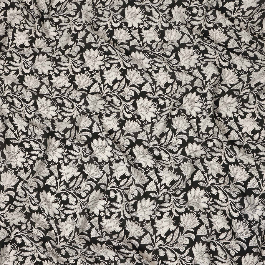 Black White Floral Vine Printed Pure Silk Crepe Fabric Lightweight Soft Draping Dress Material 110 Cms Width India Origin-D28798 Regal Fabrics