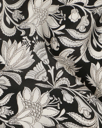 Black White Floral Vine Printed Pure Silk Crepe Fabric Lightweight Soft Draping Dress Material 110 Cms Width India Origin-D28798 Regal Fabrics