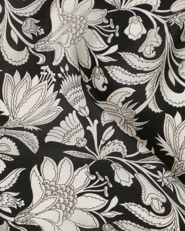 Black White Floral Vine Printed Pure Silk Crepe Fabric Lightweight Soft Draping Dress Material 110 Cms Width India Origin-D28798 Regal Fabrics