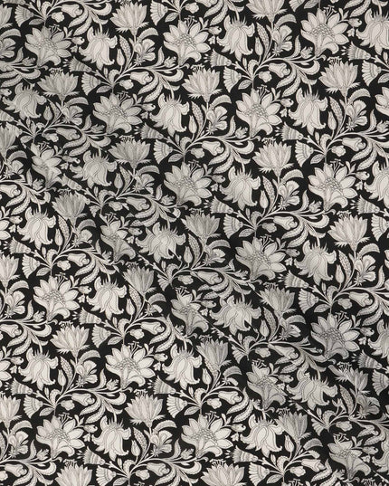 Black White Floral Vine Printed Pure Silk Crepe Fabric Lightweight Soft Draping Dress Material 110 Cms Width India Origin-D28798 Regal Fabrics