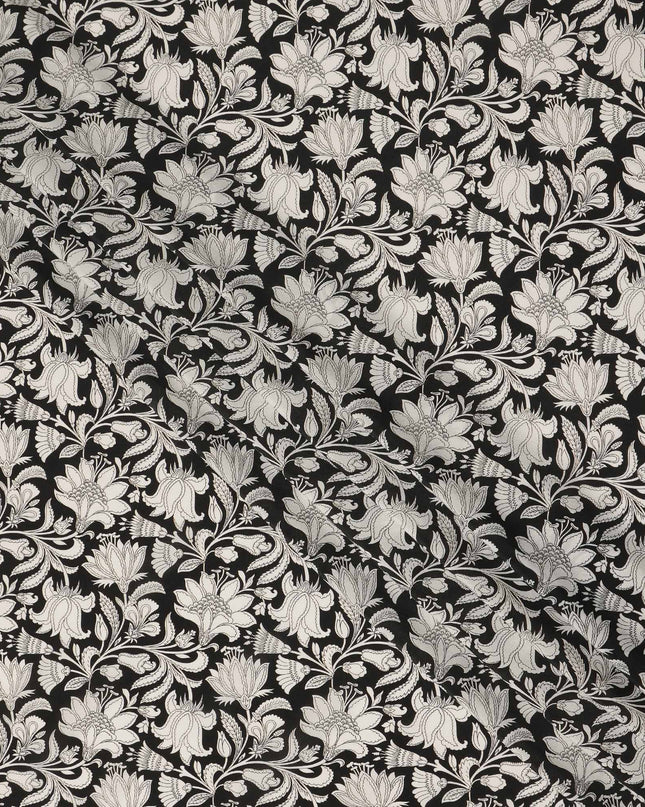 Black White Floral Vine Printed Pure Silk Crepe Fabric Lightweight Soft Draping Dress Material 110 Cms Width India Origin-D28798 Regal Fabrics