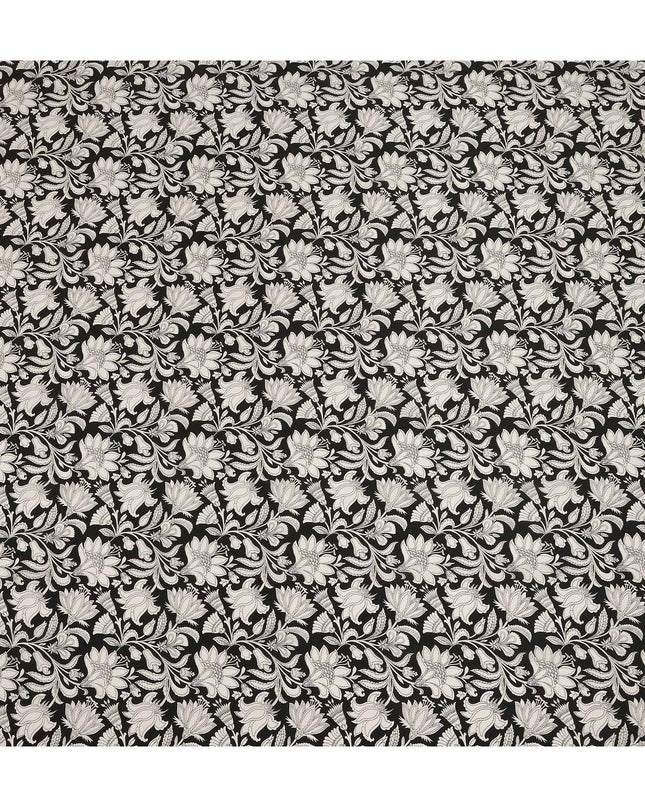 Black White Floral Vine Printed Pure Silk Crepe Fabric Lightweight Soft Draping Dress Material 110 Cms Width India Origin-D28798 Regal Fabrics