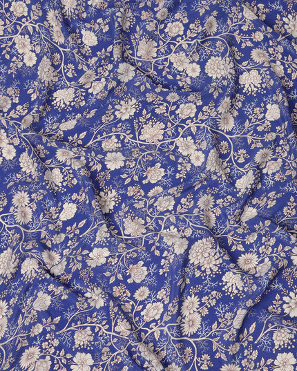 Royal Blue White Floral Botanical Printed Pure Silk Crepe Fabric Lightweight Soft Draping Dress Material 110 Cms Width India Origin-D28816 Regal Fabrics
