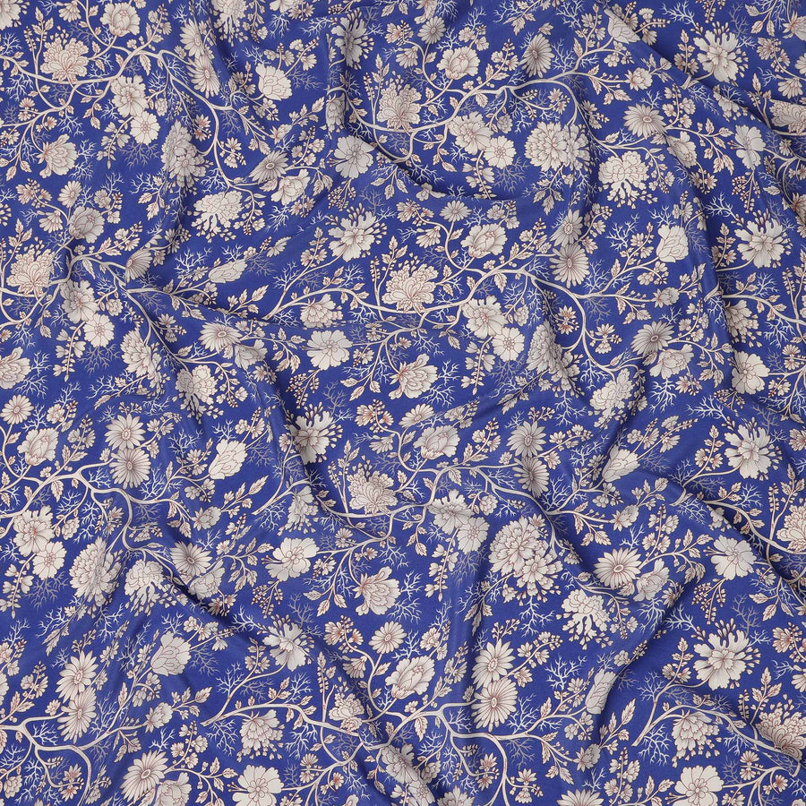 Royal Blue White Floral Botanical Printed Pure Silk Crepe Fabric Lightweight Soft Draping Dress Material 110 Cms Width India Origin-D28816 Regal Fabrics