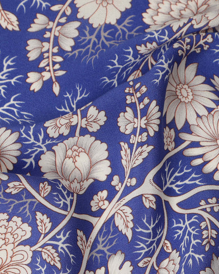 Royal Blue White Floral Botanical Printed Pure Silk Crepe Fabric Lightweight Soft Draping Dress Material 110 Cms Width India Origin-D28816 Regal Fabrics