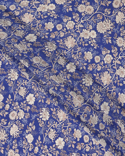 Royal Blue White Floral Botanical Printed Pure Silk Crepe Fabric Lightweight Soft Draping Dress Material 110 Cms Width India Origin-D28816 Regal Fabrics