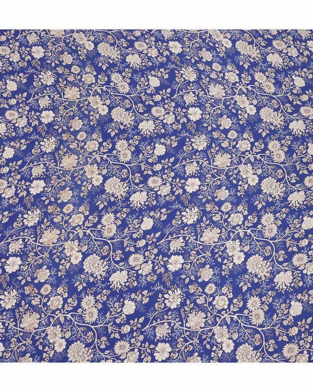 Royal Blue White Floral Botanical Printed Pure Silk Crepe Fabric Lightweight Soft Draping Dress Material 110 Cms Width India Origin-D28816 Regal Fabrics