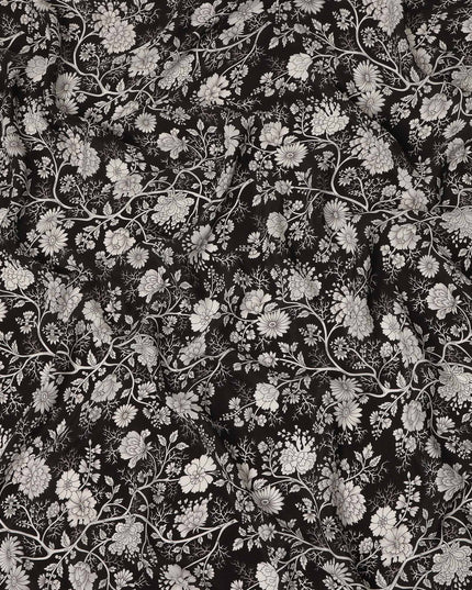 Black White Floral Botanical Printed Pure Silk Crepe Fabric Lightweight Soft Draping Dress Material 110 Cms Width India Origin-D28814 Regal Fabrics