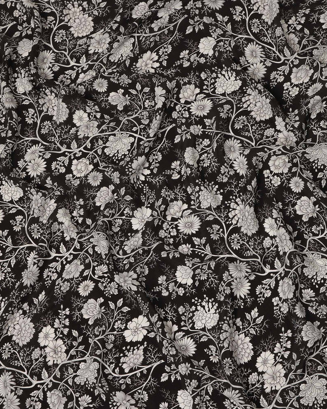 Black White Floral Botanical Printed Pure Silk Crepe Fabric Lightweight Soft Draping Dress Material 110 Cms Width India Origin-D28814 Regal Fabrics